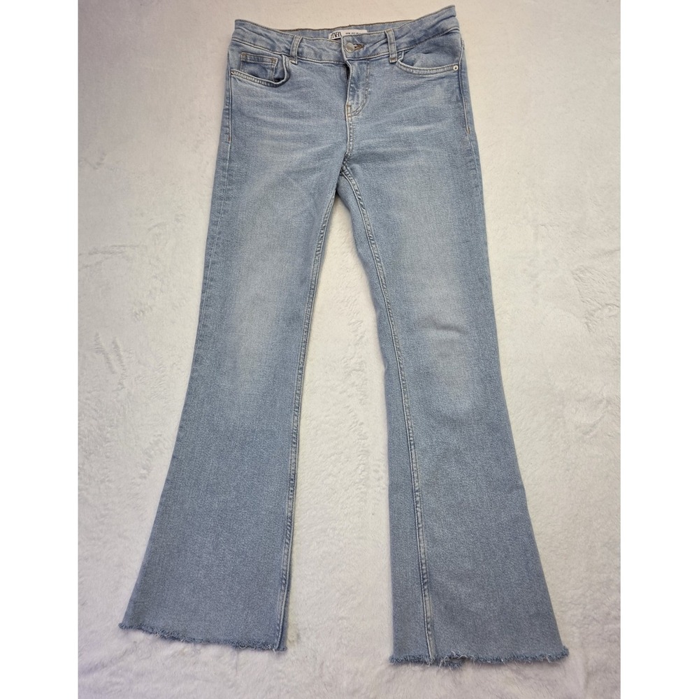 Zara Flare Jeans Womens 4 Light Wash Raw Hem Stretch Denim Y2K